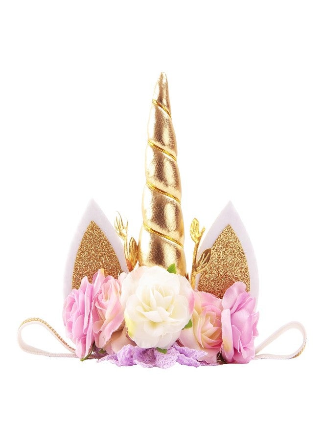 Nishine Roses Floral Unicorn Horn Headband Elastic Baby Girls Unicorn Hairband Party Supplies (Gold&Ivory) - Image 1